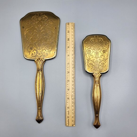 Vintage Vanity Mirror & Brush Set With Ornate Gold Finish Womens Dresser Set - Picture 3 of 10
